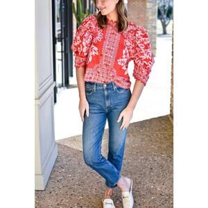Farm Rio Cotton Blouse Flora Tapestry Round Neck Puff Sleeves Red L Large NWOT